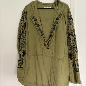 Free People L Olive Green Embroidered Women's Top/Tunic